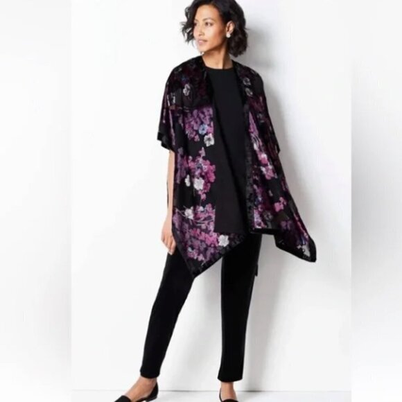 J. Jill Ruana Velvet Burnout Cardigan One Size Kimono Duster Purple Floral - Picture 2 of 9